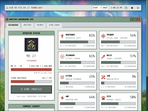 The TENNO.DAT dashboard in KIM OS window chrome