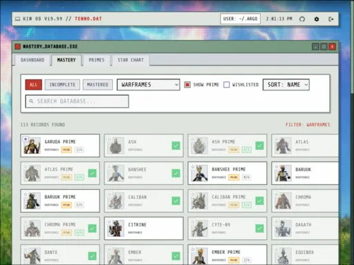 The mastery list, tracking every frame and weapon by category